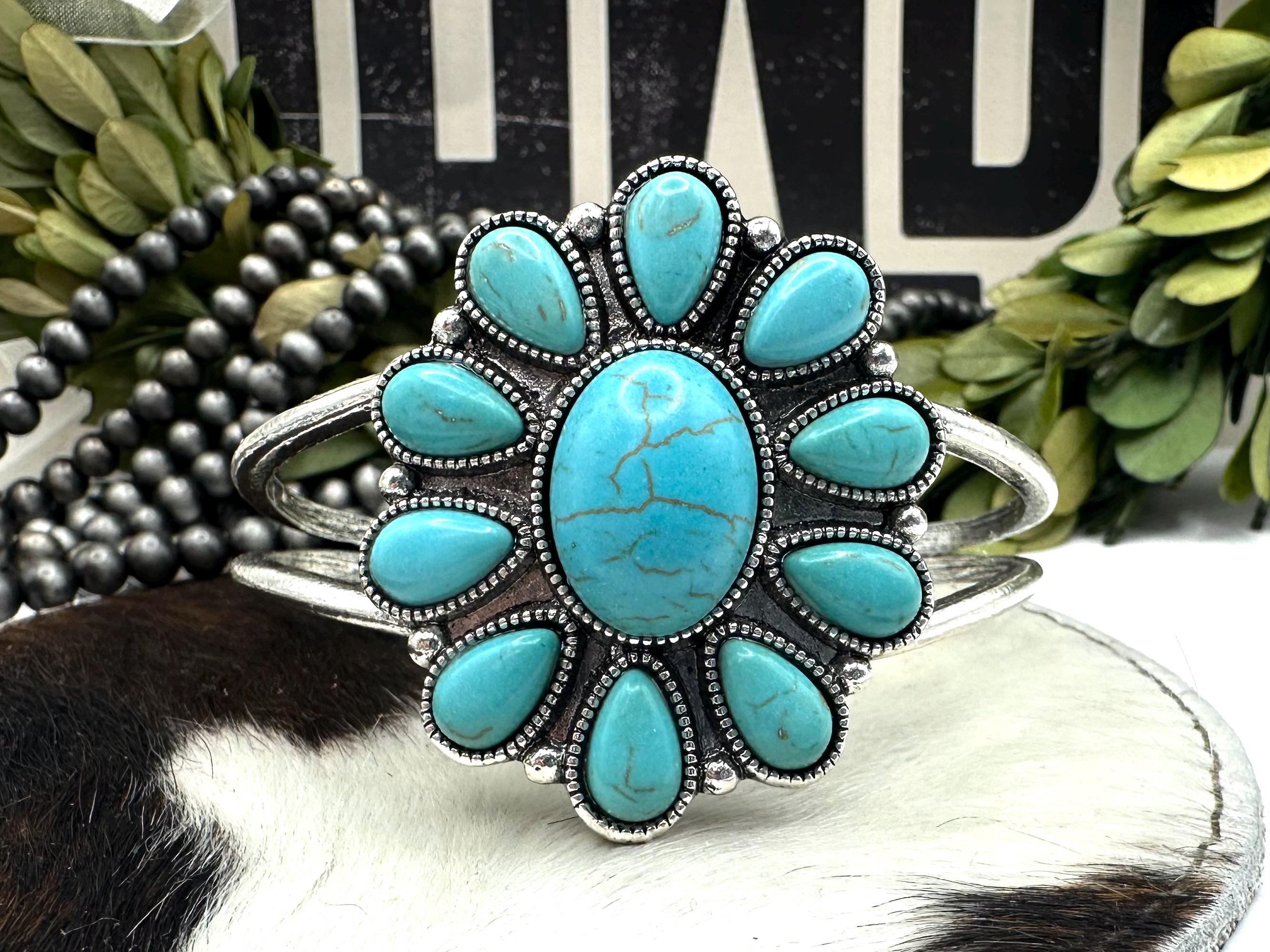 Turquoise western chunky cuff bracelet, squash blossom statement bracelet, turquoise stone flower bracelet, burnished silver tone bracelet