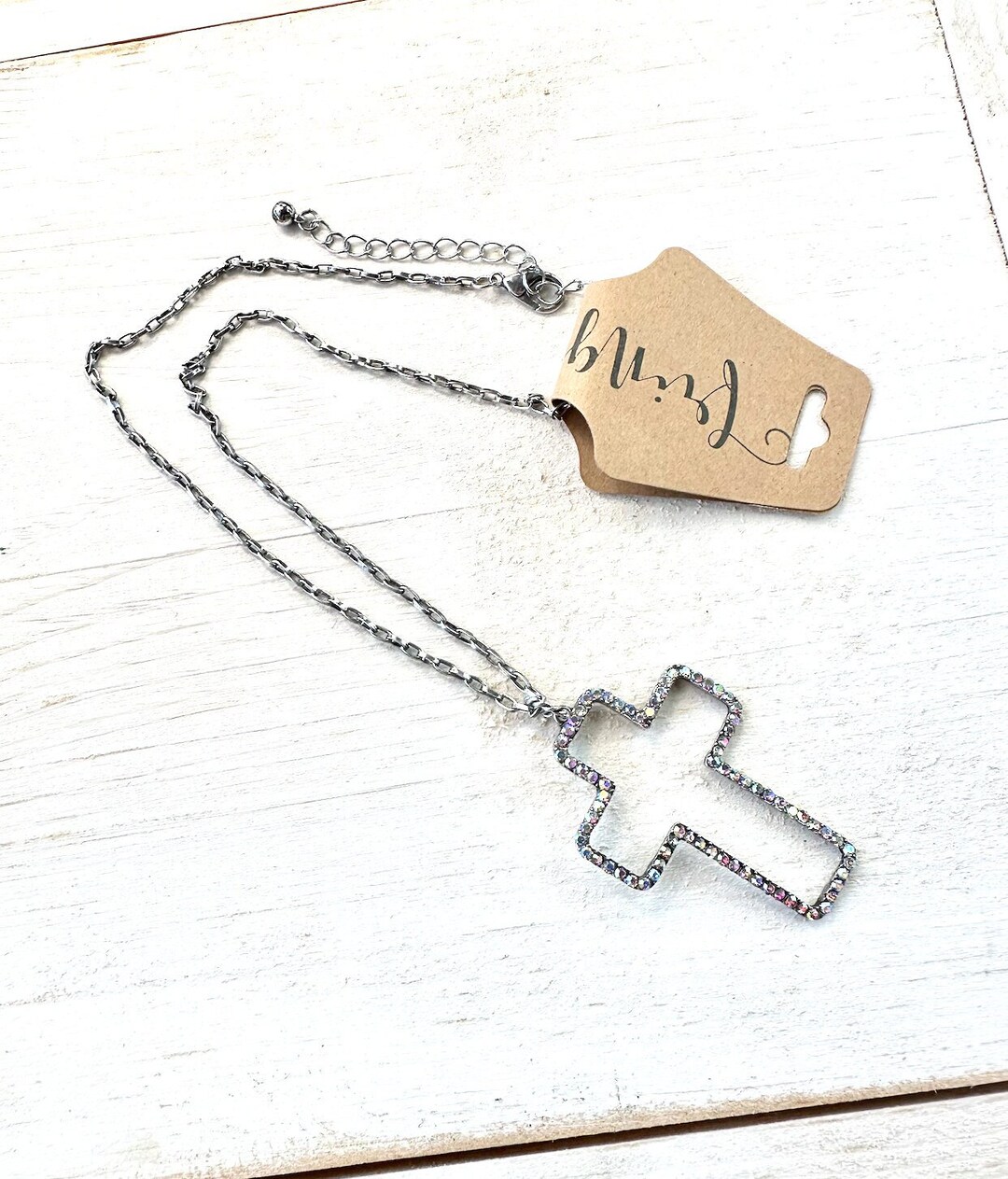 18 Rhinestone Cross Necklace, Western Cross Pendant Necklace, Worn