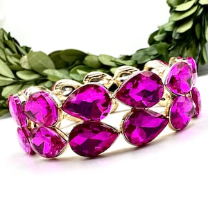 Fuchsia pink crystal stretch bracelet, teardrop fuchsia rhinestone stretch bracelet, pink prom bracelet, fuchsia gold evening bracelet