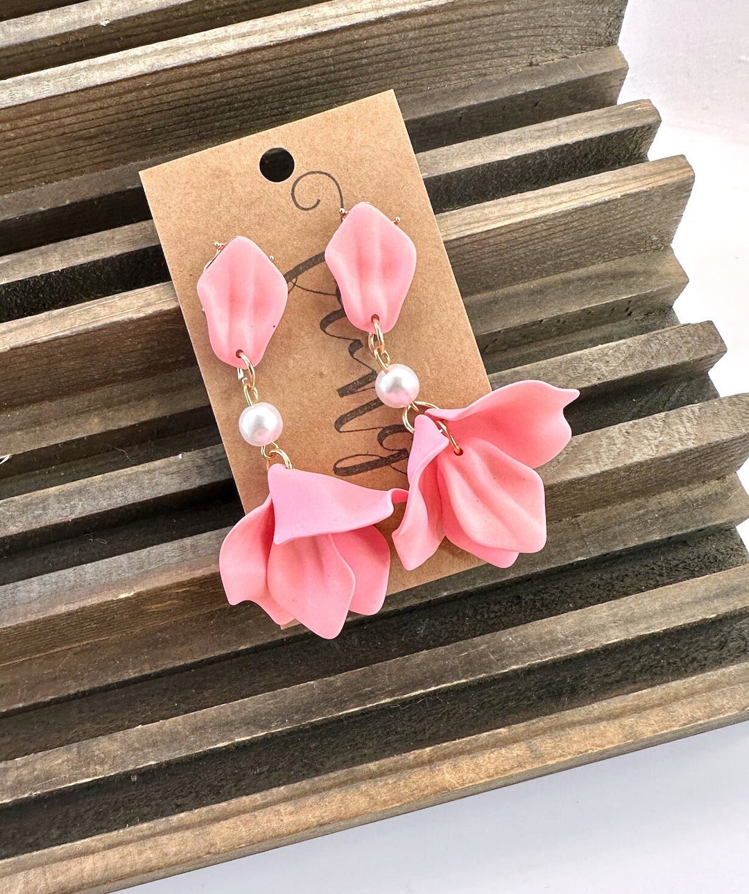 Pink Petal Drop Dangle Earrings, Pink Acrylic Flower Petal Drop