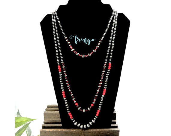 28" Western Navajo pearl style layered necklace, red western pearl necklace, long red western beads