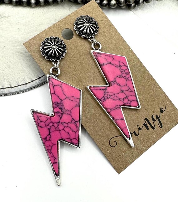 Hot Pink Western Bolt Dangle Earrings, Big Pink Lightning Stone