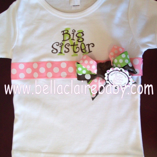 Personalized Monogrammed baby toddler girls shirt with ribbon and bows Big or Little sister