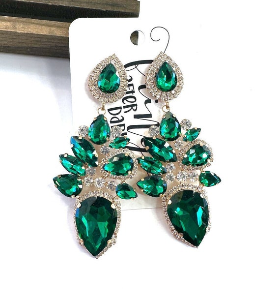 Emerald Rhinestone Prom Earrings, Emerald Pageant Earrings