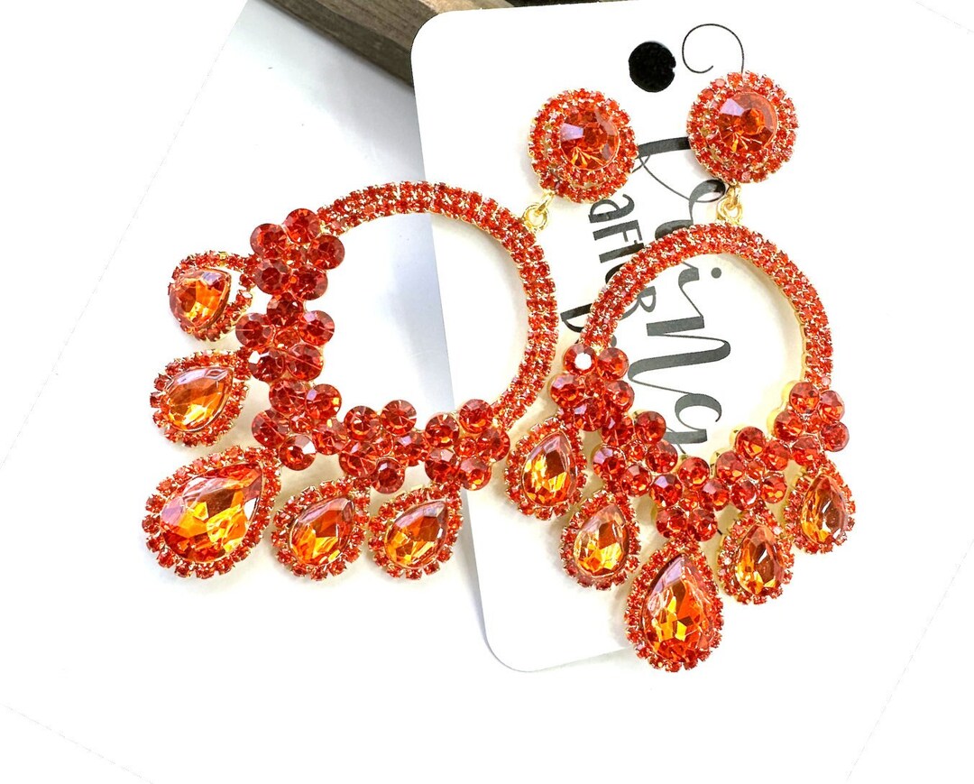 3.25 Orange Rhinestone Earrings, Orange Prom Earrings, Orange Statement