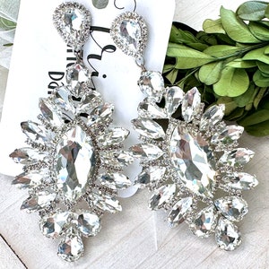 4.25" Crystal silver rhinestone dangle earrings, clear crystal silver rhinestone pageant earrings, crystal prom statement drop earrings