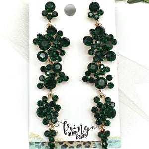 3.4&quot; Emerald crystal dangle earrings, emerald rhinestone pageant earrings, green statement earrings, green prom rhinestone earrings