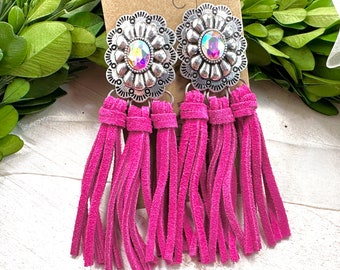 4.5" Long fuchsia tassel earrings, rhinestone western tassel dangle earrings, crystal pink tassel concho earrings