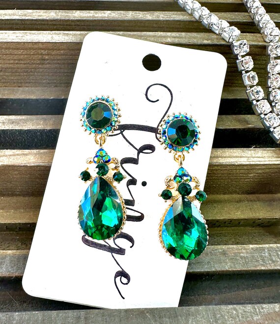Emerald Green Rhinestone Earrings, Green Pageant Earrings