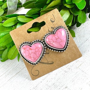 Western stone stud pink heart earrings, western pink heart earrings, burnished silver heart post earrings