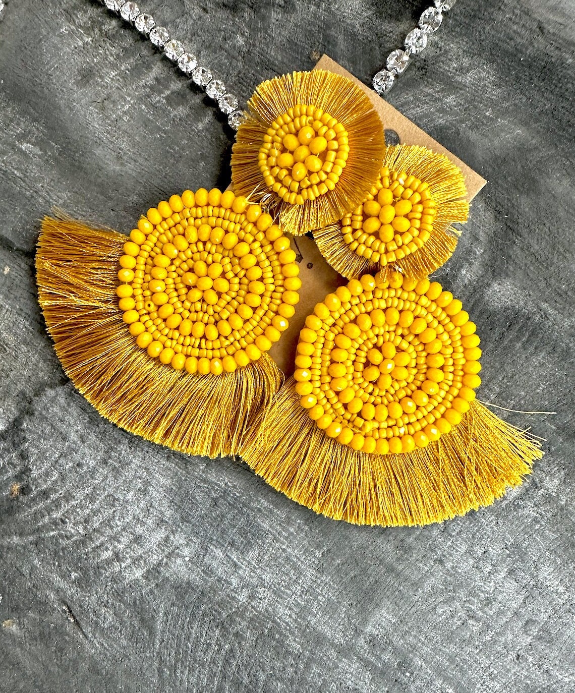 Mustard Yellow Bead Tassel Statement Earrings, Beaded  display picture 2