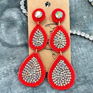 Rhinestone teardrop bling seed bead earrings/red evening earrings, rhinestone earrings, red earrings