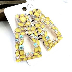 2.5" Yellow rhinestone earrings, yellow crystal prom earrings, yellow dance earrings, butter yellow pageant earrings, stone dangle earrings