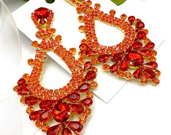 3.6" Orange crystal dangle earrings, large orange rhinestone pageant earrings, orange prom earrings, orange chandelier statement earrings