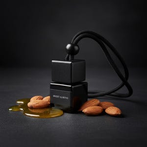 May include: A black square glass car air freshener bottle with a wooden cap and a black hanging cord. The label on the front reads SWEET ALMOND. The bottle is surrounded by several whole brown almonds and a small pool of golden liquid on a dark surface.