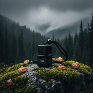 May include: A square black glass bottle with a black wooden cap and a black hanging cord. The label on the front of the bottle features the text "DAEMONS & AMBER". Several translucent orange amber-colored resin pieces are scattered around the bottle.