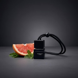 Può includere: Un piccolo flacone quadrato in vetro nero con tappo in legno nero e cordino nero per appenderlo. L'etichetta sul davanti riporta la scritta "GRAPEFRUIT & MINT". Una fetta di pompelmo rosa fresco e alcune foglie di menta verde sono accanto.