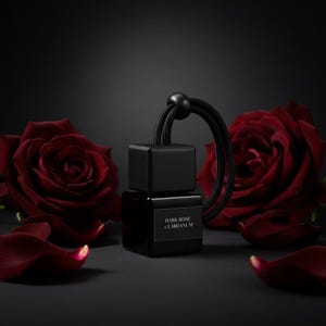 May include: A square black glass fragrance diffuser bottle with a black wooden cap and a black hanging cord. A label on the front reads DARK ROSE & LABDANUM. The bottle is surrounded by deep red rose blossoms and scattered dark red rose petals.