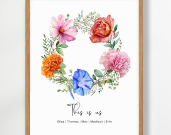 Birth Flower Art Print, Birth Month Floral Wreath, Mothers Day Gift, Valentine Gift For Wife, Custom Printable Floral Family Wall Art