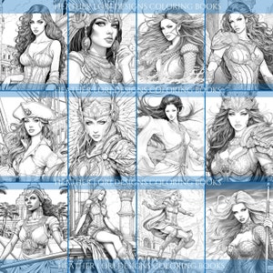 May include: A collection of black and white illustrations of women in various fantasy and historical settings. The images are from "Heather Lori Designs Coloring Books". Each illustration features a detailed portrait of a woman with elaborate clothing and hairstyles.