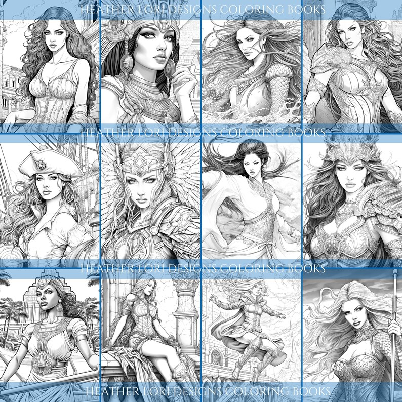 May include: A collection of black and white illustrations of women in various fantasy and historical settings. The images are from "Heather Lori Designs Coloring Books". Each illustration features a detailed portrait of a woman with elaborate clothing and hairstyles.