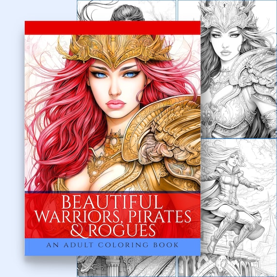 Fantasy Coloring Book, Printable Fantasy Warriors Colouring Pages, Adult Coloring, Beautiful Female Pirate Coloring Book, Fantasy Art