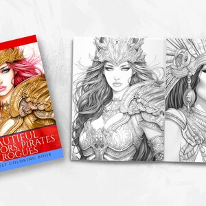 May include: A coloring book titled "BEAUTIFUL WARRIORS, PIRATES & ROGUES" with a red and blue cover featuring a woman with red hair and gold armor. The book is open to show black and white illustrations of warrior women.