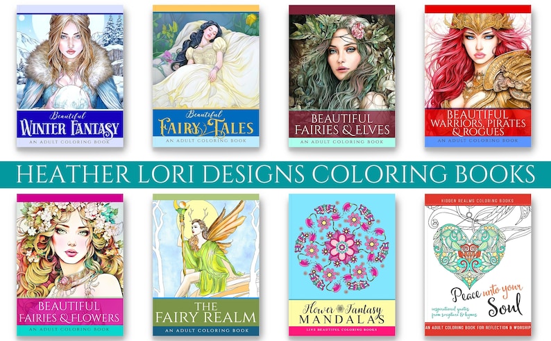 May include: Collection of adult coloring books with fantasy themes. Titles include "Winter Fantasy," "Fairy Tales," "Fairies & Elves," and "Warriors, Pirates & Rogues." The books feature detailed illustrations and the text "Heather Lori Designs Coloring Books."