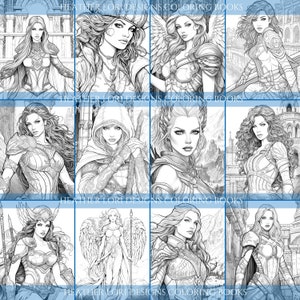 May include: A collection of black and white illustrations of women in fantasy attire. The images are from "HEATHER LORI DESIGNS COLORING BOOKS". Each illustration features a different woman with detailed clothing and hairstyles.