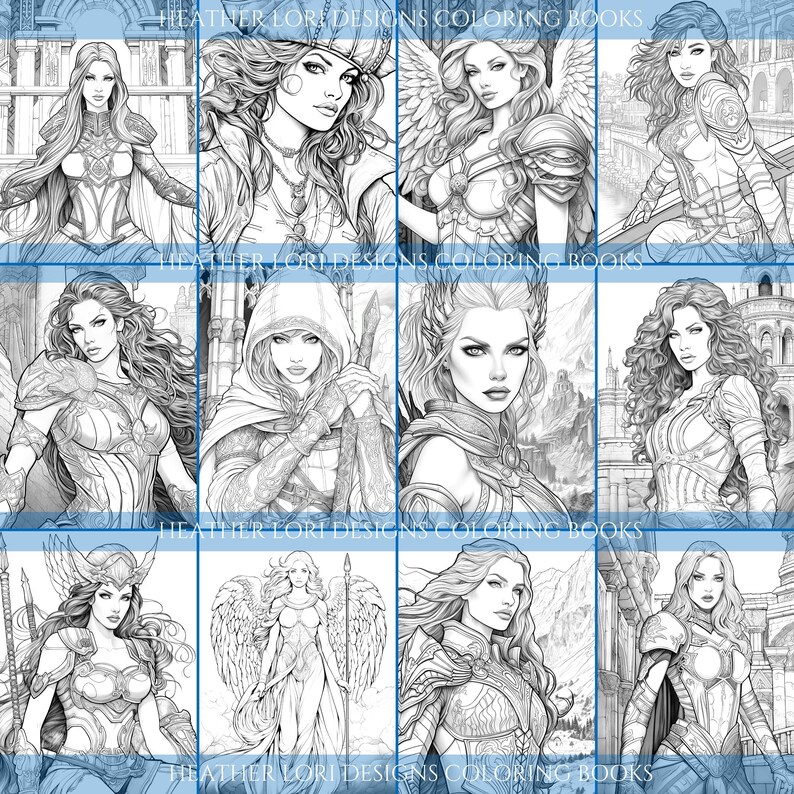 May include: A collection of black and white illustrations of women in fantasy attire. The images are from "HEATHER LORI DESIGNS COLORING BOOKS". Each illustration features a different woman with detailed clothing and hairstyles.