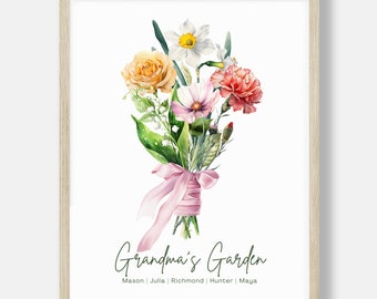 Birth Flower Art Print, Birth Month Flower Bouquet, Mothers Day Gift, Personalized Grandma Gift, Custom Printable Floral Family Wall Art