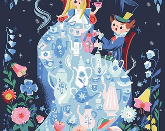 PRE-ORDER Panel DoWN the RaBBIT HoLE fabric navy blue Main Riley Blake Designs by Jill Howarth P12947-NAVY Alice in Wonderland
