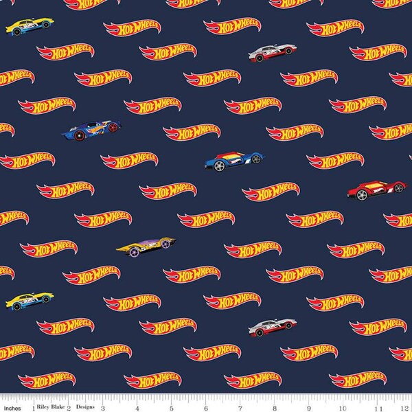 Hot Wheels fabric navy blue logo Riley Blake Designs fat quarter half yard C9752-NAVY car