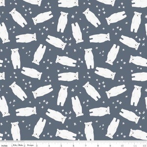 May include: A fabric pattern featuring white polar bears in various poses, interspersed with white snowflake shapes, on a dark blue background. The bears are standing, lying down, and in other positions. The fabric is 12 inches wide.