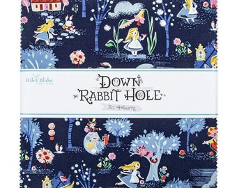 It's Here! 10" inch squares DoWN the RABBIT HOLE layer cake Stacker fabric Jill Howarth Riley Blake Designs 10-12940-42 Alice in Wonderland