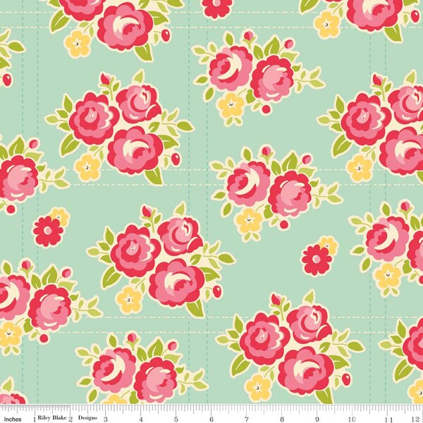 44" FLANNEL Teal Sidewalk Roses fabric from Riley Blake
