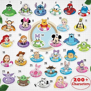May include: A collection of colorful stickers featuring various cartoon characters, each with a name label. The stickers include characters like Hulk, Buzz Lightyear, Stitch, Donald Duck, Spider-Man, and Captain America, all in inflatable rings.