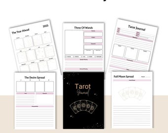 May include: A printable tarot journal set featuring 50 pages with various layouts including The Year Ahead 2025, Three Of Wands, Tarot Journal, The Desire Spread, and Full Moon Spread. The pages have black, white, and soft pink accents with text.