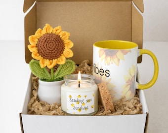 Hello Sunshine Gift Box, Soy Candle, Ceramic Mug, Crochet Sunflower