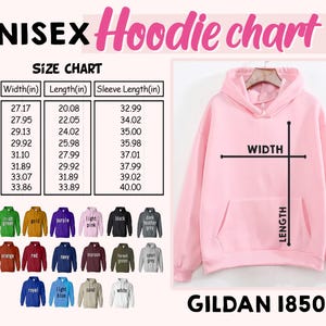 May include: Unisex hoodie size chart with measurements in inches. The chart shows the width, length, and sleeve length for sizes S through 5XL. The chart is labeled "Unisex Hoodie Chart" and "Size Chart". The chart is on a white background with a pink hoodie in the background.