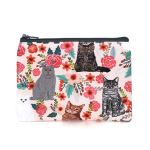 Cats in Flowers Zipper Pouch / Pencil Pouch or Make Up Bag with Floral Kittens on Yellow / Cotton Zip Bag