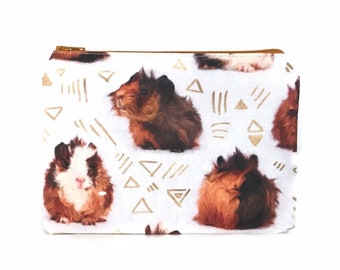 Estuche con cremallera para fiesta de conejillos de indias, estuche para lápices o bolsa de maquillaje con estampado realista de conejillos de indias en blanco, bolsa de algodón con cremallera