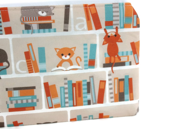 CHOOSE SIZE Cat Library Bag Cat Lover Gift Mini Zipper Pouch Book Lovers Makeup Bag in Kitty Library