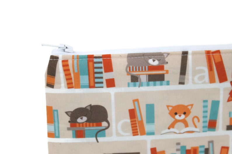 CHOOSE SIZE Cat Library Bag Cat Lover Gift Mini Zipper Pouch Book Lovers Makeup Bag in Kitty Library