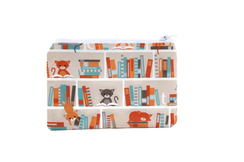 CHOOSE SIZE Cat Library Bag Cat Lover Gift Mini Zipper Pouch Book Lovers Makeup Bag in Kitty Library