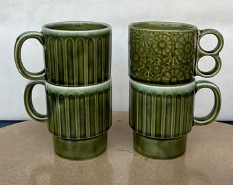 Set of 4 Vintage Green  Drip Glaze Stackable Coffee Cups Mugs Japan 3.5" 1970s