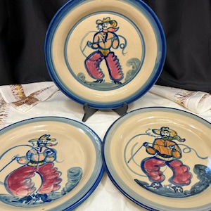 M A Hadley 13” CHOP Plate-Roundup Cowboy Scene Serving Platter-Southwest-Texas Cowboy-Neiman Marcus 1940's-Pottery-Your choice