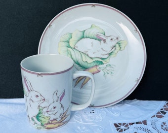 Vintage -Snack- luncheon set -Pink -Bunny Rabbits by Fitz and Floyd-Plate and Teacup 1981