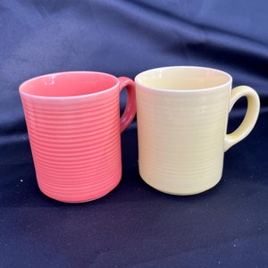 Vintage Japanese Stoneware Mugs: Ribbed Peach & Yellow, Set of 2
