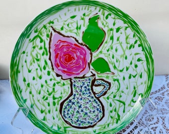 1990'S Gloria Vanderbilt Green -Pink rose -Dinner Plate - Sincerely Yours- Taste Setters